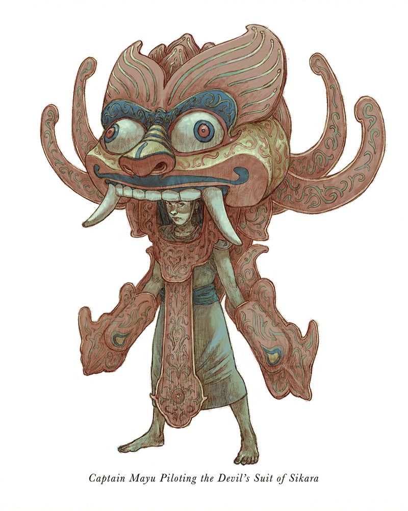 Southeast Asian fantasy. A woman donning a large puppet over her head and shoulders, her arms grip something like large gloves that has no fingers. Large puppet has a large stylized face with fangs on it.
Medieval Southeast Asian mecha vibes (hopefully). 

"Captain Mayu Piloting the Devil's Suit of Sikara"