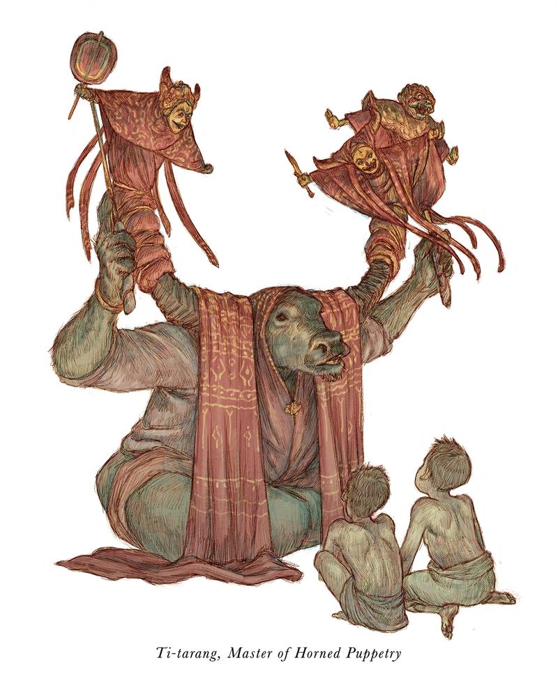 Southeast Asian fantasy: A buffalo-folk performed horned puppetry for 2 kids. Puppets are attached to the horns of the buffalo-folk while supported by sticks held by their arms. 
The left arm holds another puppet.