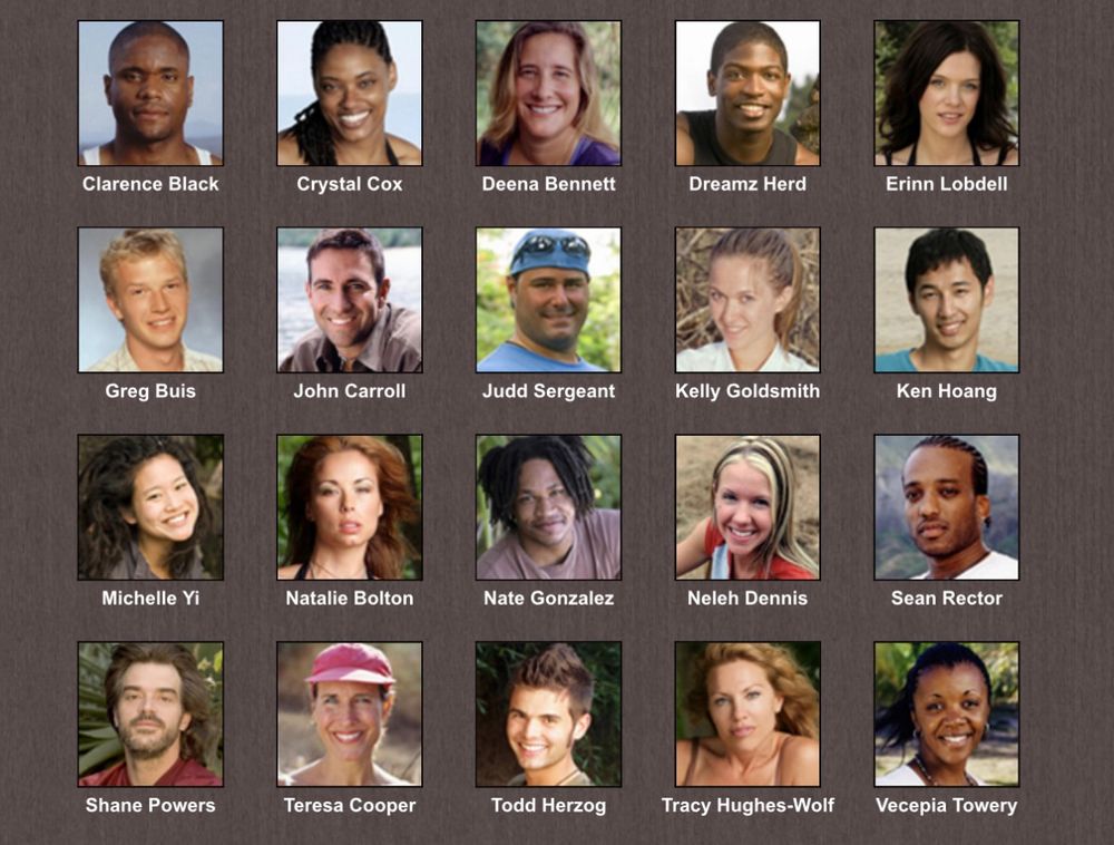 A collection of one-time players from seasons 1-20 that would have been great on Season 50. In alphabetical order: Clarence Black, Crystal Cox, Deena Bennett, Dreamz Herd, Erinn Lobdell, Greg Buis, John Carroll, Judd Sergeant, Kelly Goldsmith, Ken Hoang, Michelle Yi, Natalie Bolton, Nate Gonzalez, Neleh Dennis, Sean Rector, Shane Powers, T-Bird Cooper, Todd Herzog, Tracy Hughes-Wolf, and Vecepia Towery