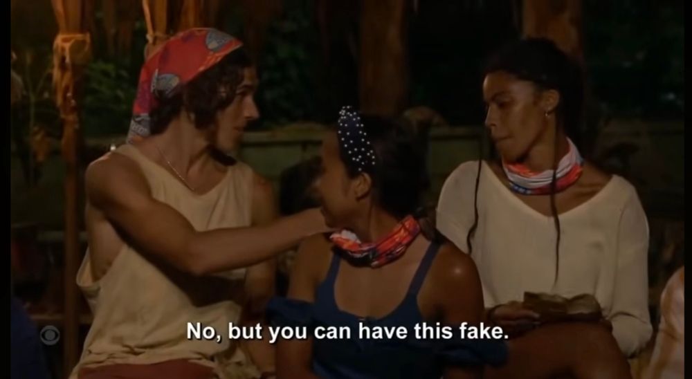 Survivor 41’s knowledge is power play when Liana unsuccessfully tries to steal Xander’s idol. When asked if he has an idol, he pulls out a fake and hands it to her saying “No, but you can have this fake.”