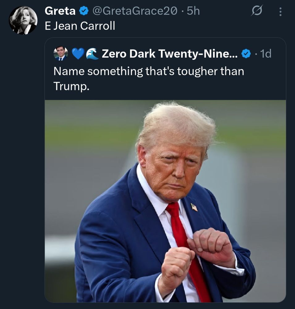 A pic of Trump doing his stupid dance, and the text “Name something that’s tougher than Trump” and a reply “E. Jean Carroll”