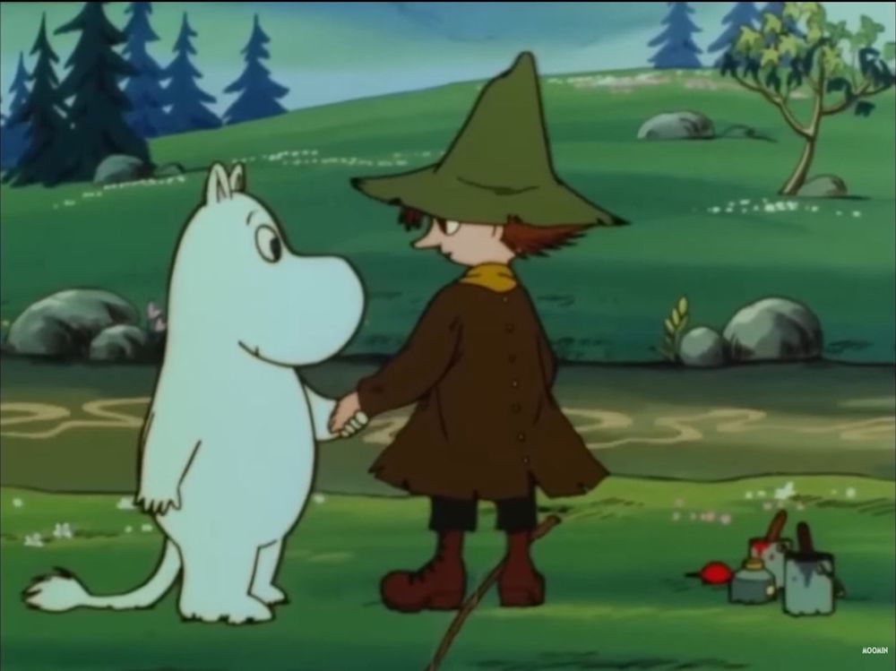 screenshot z kresleného seriálu mumínci z devadesátek, kde mumínek drží šňupálka za ruku