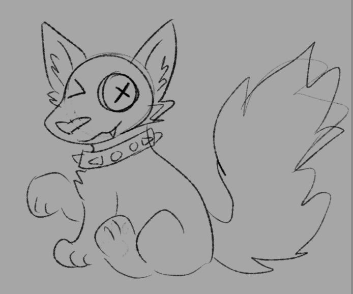 a pointed eared wolf like puppy sitting viewed from the side with one paw raised up *fag wrist* style, with a fluffy raised tail. It is winking, has an ex for a pupil, one fang sticking out, and is wearing a spiked collar