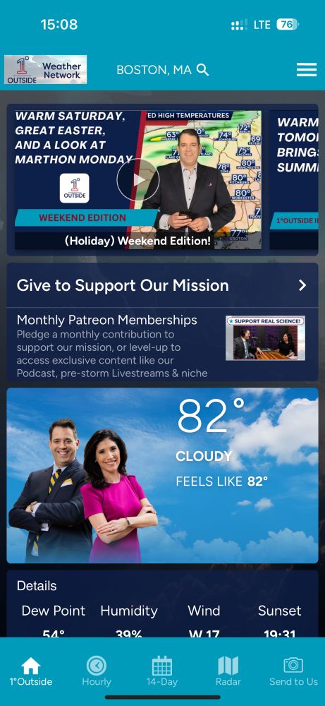 App image of current conditions over 80° in Boston.
