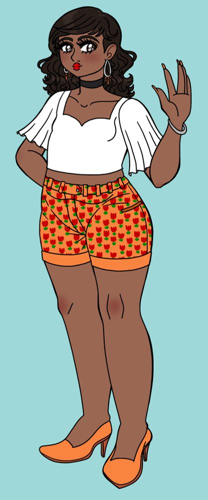 A drawing of a woman standing. She is fuller figured with brown skin, dark brown hair, and brown eyes. She is wearing a white top with orange floral shorts and orange heels. She is wearing make up and smiling.