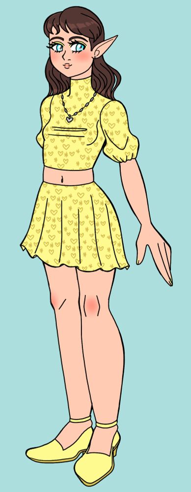 A drawing of an elf woman standing. She is wearing a yellow top and yellow skirt with hearts and sparkles on them.