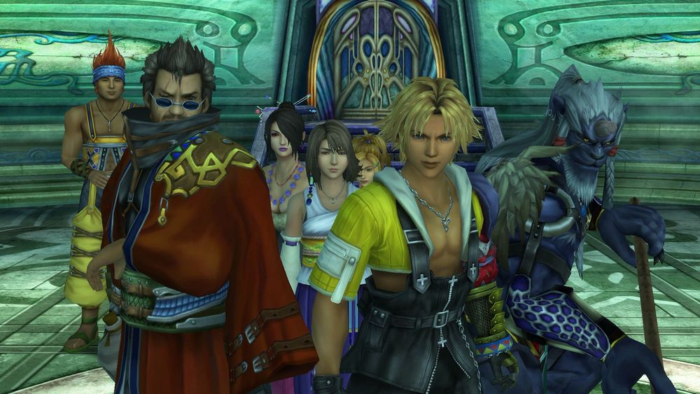 The cast of characters from the smash hit JRPG “Final Fantasy X”, originally produced by SquareEnix for the PlayStation 2. Includes a blue furry, a quasi-religious priest, two time travelers, a basketball player, a salvage pirate, and a belt merchant
