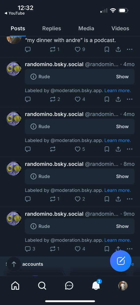 A screenshot of a bluesky user whose entire post history has been labeled rude by Bluesky moderation 