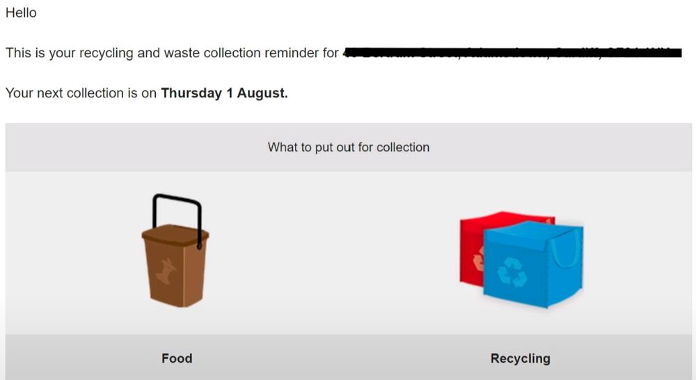 Screenshot of a Cardiff Council bin reminder email with coloured illustrations of brown food bin and blue and red recycling sacks. 