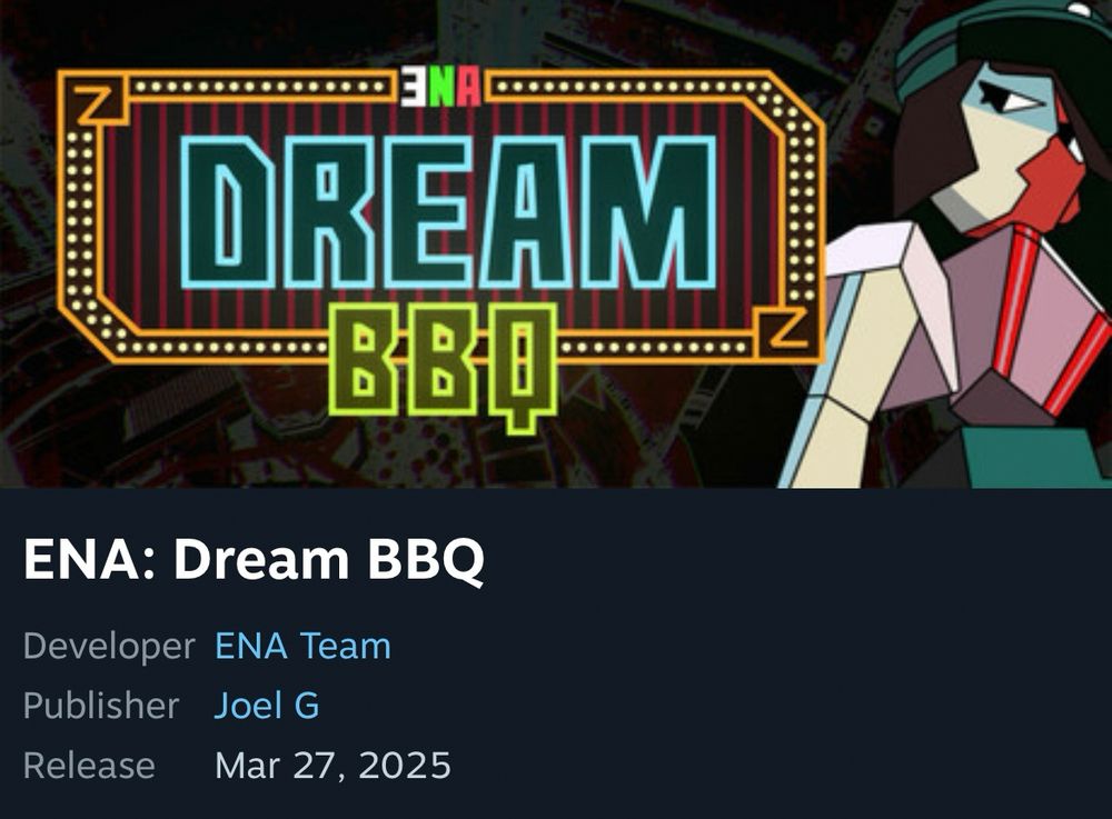 A screenshot of the store profile for Joel G.'s game, ENA: Dream BBQ on Steam Mobile. The release date says March 27th, 2025