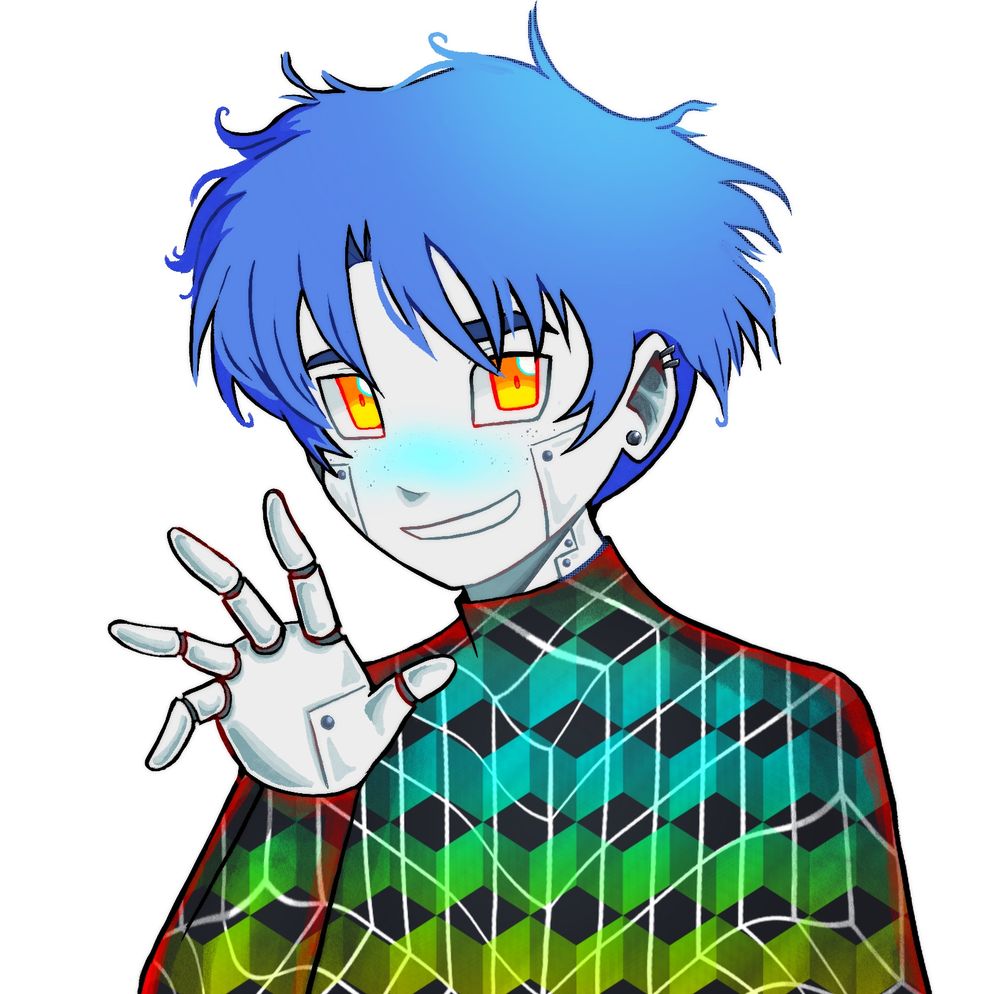 Android boy character smiling and waving at the camera; he has messy blue hair and yellow eyes. He is also wearing a black bodysuit with a blue, green and yellow cube-like pattern.