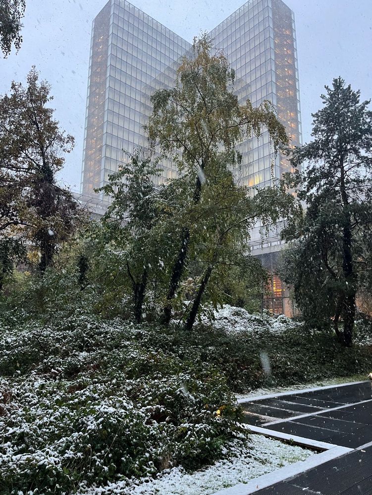 Une tour de la bnf vue depuis le jardin sous la neige 