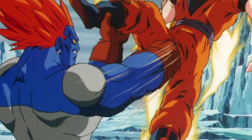 Blue man punches Goku in the balls (I don't known I've never seen Dragon Ball)