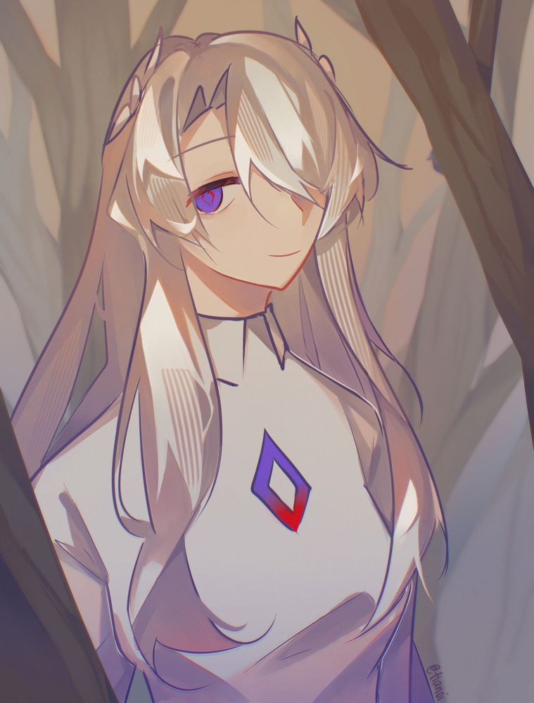 A woman with purple eyes in a forest. 