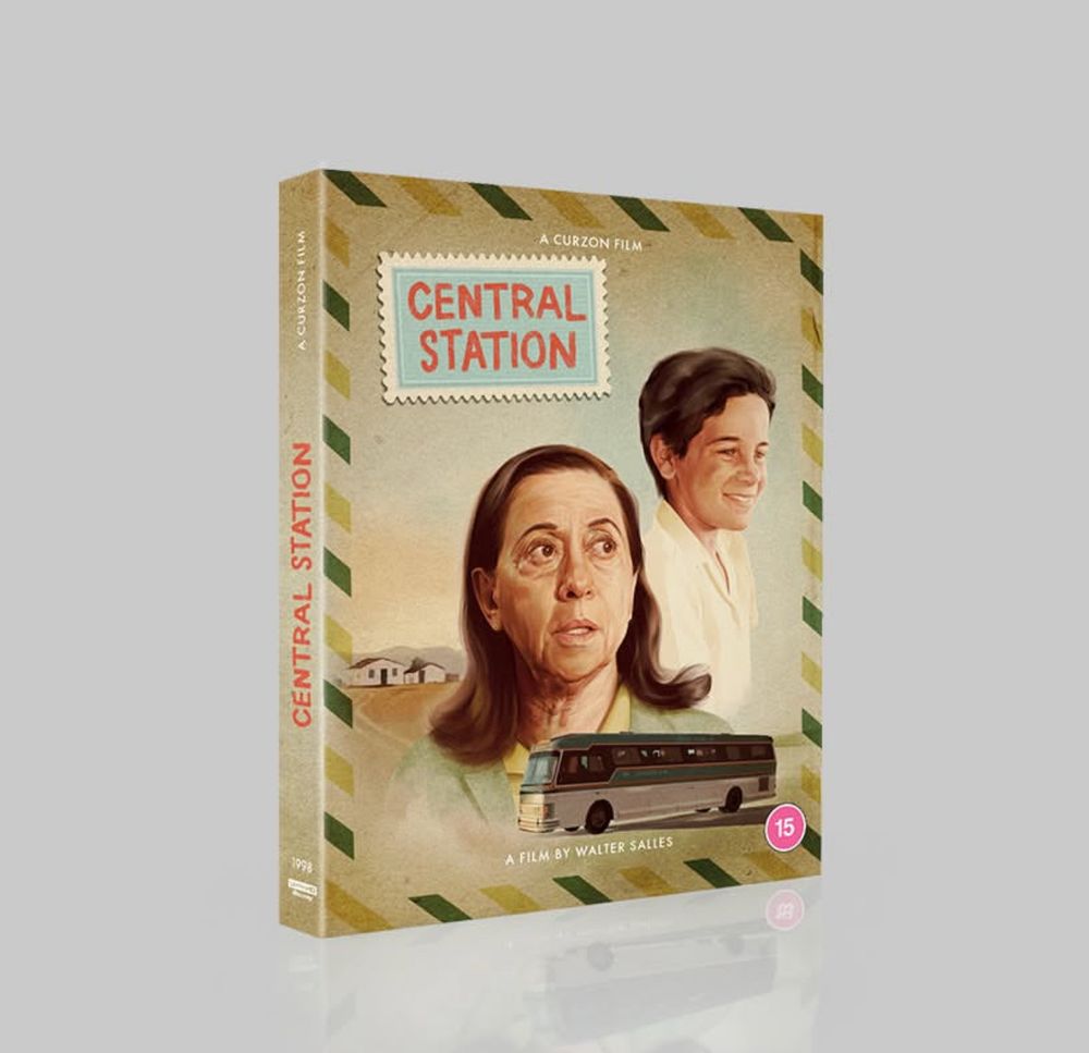 UHD art is designed as a Brazilian envelope with the film title in a stamp over Fernanda Montenegro and Vinicius Oliveira’s faces and a bus.