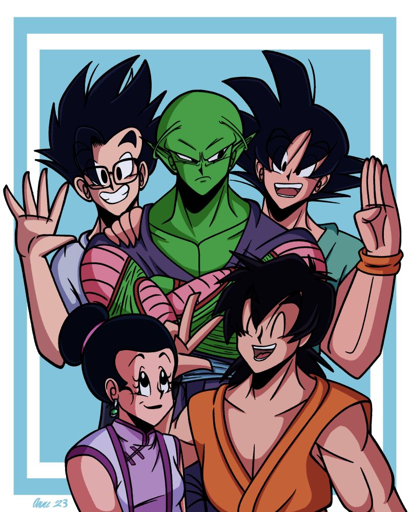 Characters from the anime Dragon Ball Z. From Top to bottom: Gohan, Piccolo, Goku, Chi-Chi, and Goten
