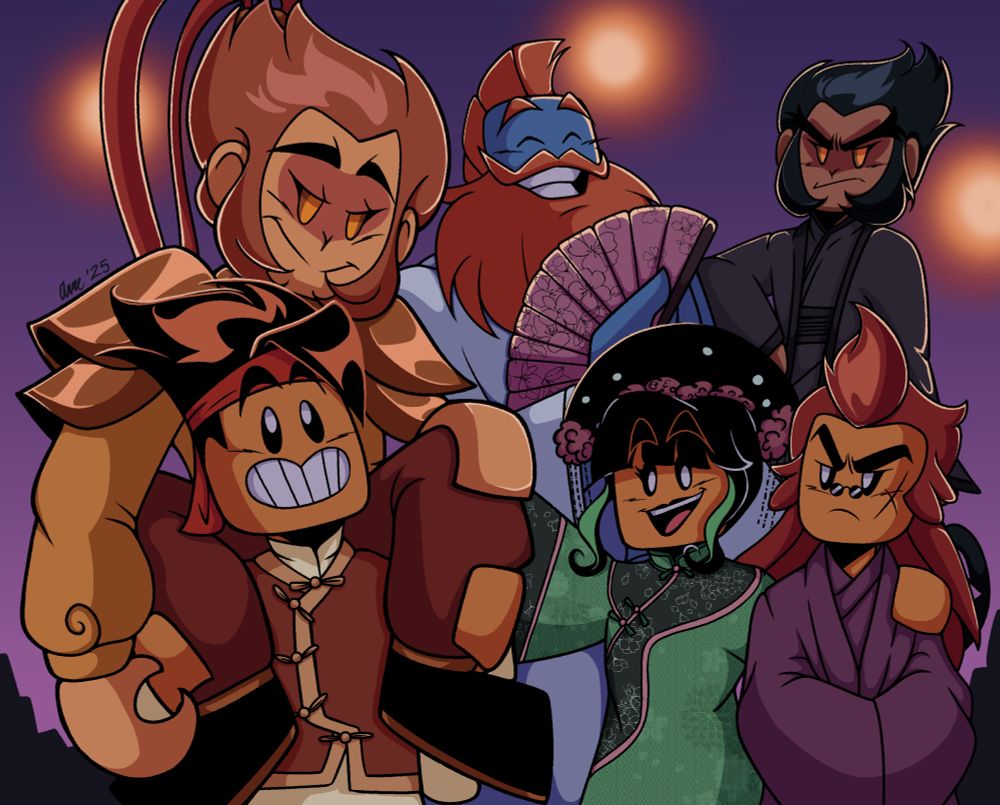 Art of the characters from Lego Monkie Kid dressed in traditional Chinese clothing. From left to right - Sun Wukong, MK, Sandy, Macaque, Mei, and Red Son.