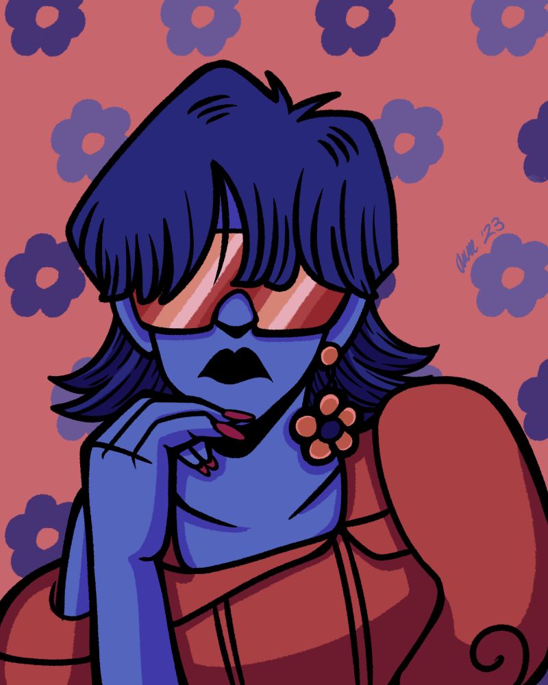 A blue girl with red sunglasses in a red dress