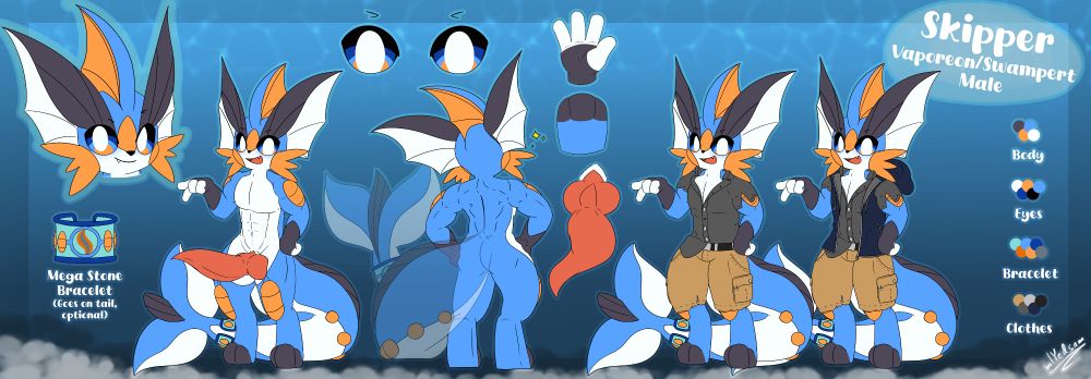 A ref sheet for an anthro Vaporeon and Swampert fusion. He has a blue and white body with orange and black highlights and a muscular physique. His eyes have the same color pattern. He wears an optional Mega Stone bracelet with the same color pattern on his tail. He has Vaporeon's head and tail fins and Swampert's cheek tufts as well as armor plates. In the two rightmost views he's wearing battle-worn clothes consisting of brown cargo shorts, a dark grey shirt and a dark blue and grey vest