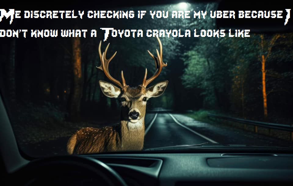 A meme of a deer in the middle of the road looking into the headlights of an oncoming car with the text "Me discretely checking if you are my uber because I don't know what a Toyota crayola looks like."