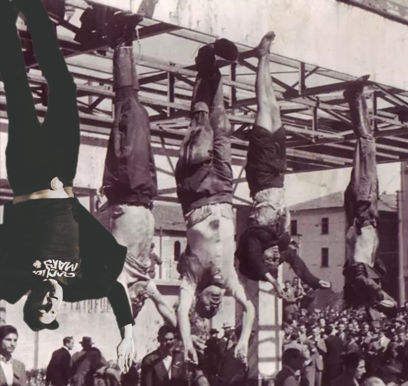 Photos de porc fasciste pendu par les pieds par les résistants italien communiste et un savant rajout de Elon Musk à ladite photos aux côtés de Mussolini 
