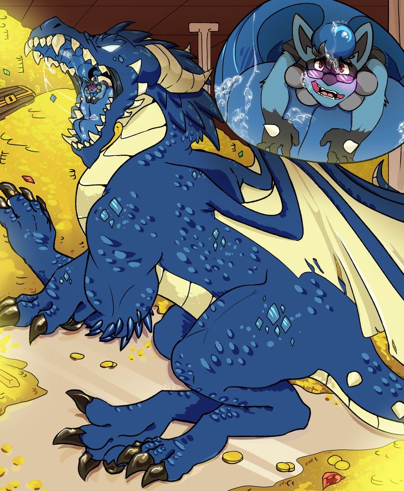 Vanygos the dragon owned by AkiR, nomming a Shady lucario with his uvula resting on top of his head as he's gulped down the depths.
