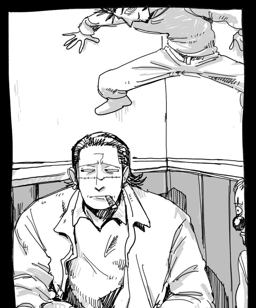 Cross Guild

Crocodile and Buggy sitting in the corner of a room, Mihawk is crawling on the wall