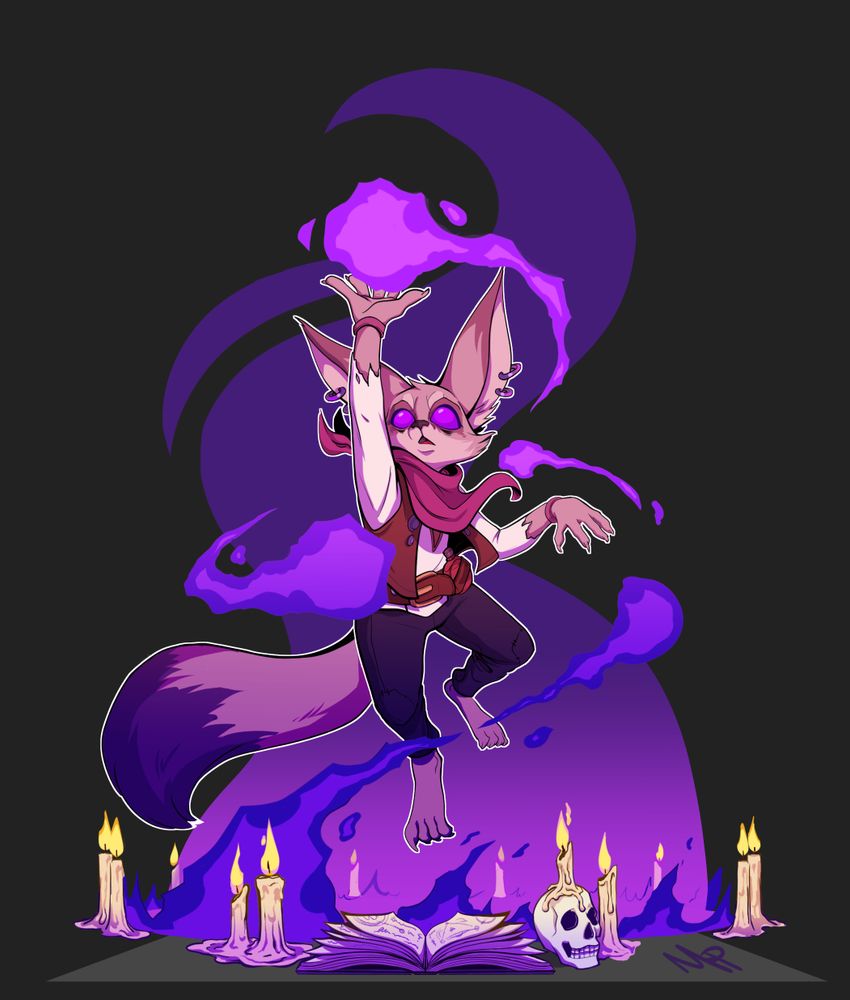 A digital illustration of a brown-furred Vulperan Shadow Priest (from World of Warcraft) performing a dark ritual and preparing a spell. The Vulpera wears a white shirt with torn sleeves, a brown leather vest, a red kerchief, and has two looped earrings in both ears. The Vulpera's eyes glow purple as she is lifted in the air like a marionette on strings, spellbook fluttering, candles flickering below her. A blue flame springs to life below her feet, creating orbs of shadow that circle her body and rise to her paw in a spectrum of blue and violet. The graphic of a dark tendril serves as a background to the scene.
