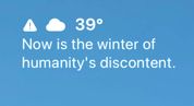 CARROT weather showing a cold windy day in DC with the caption, “Now is the winter of humanity’s discontent.”