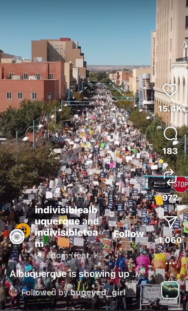 Screenshot from Indivisible Abq. Instagram page drone footage of the massive wave of humans in downtown.