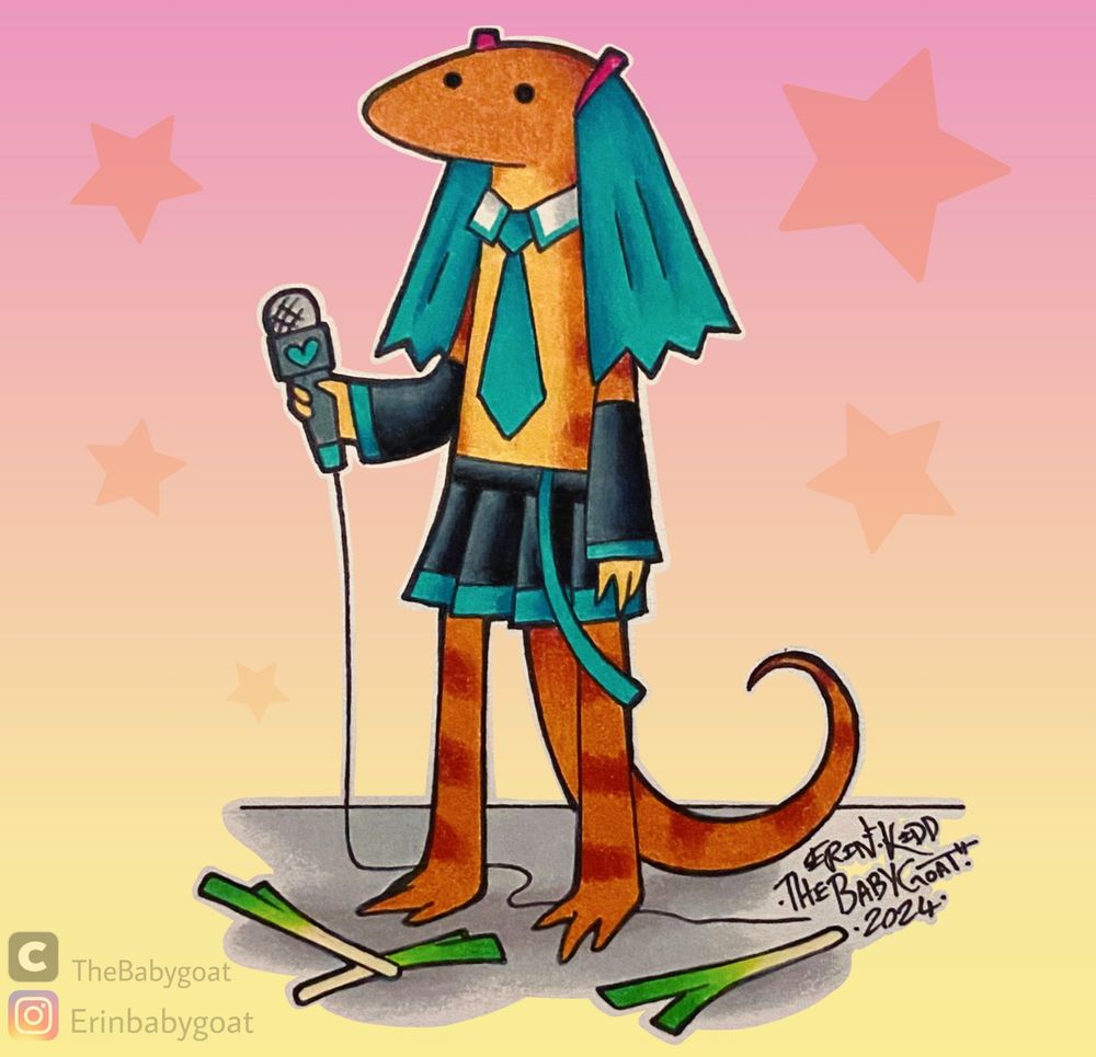 Colour pencil drawing of an Australian grilled neck lizard dressed as popular anime icon Hatsune Miku. 