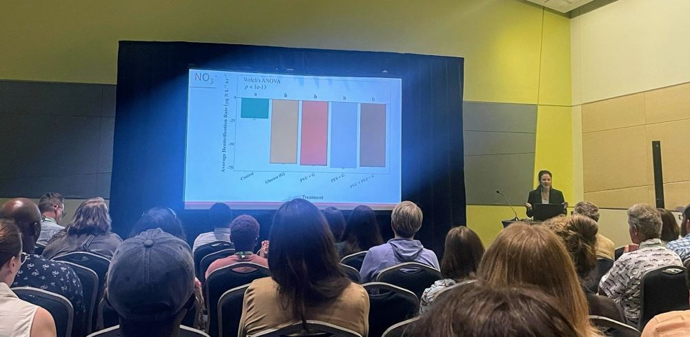 A woman presenting data in front of a room full of people. 