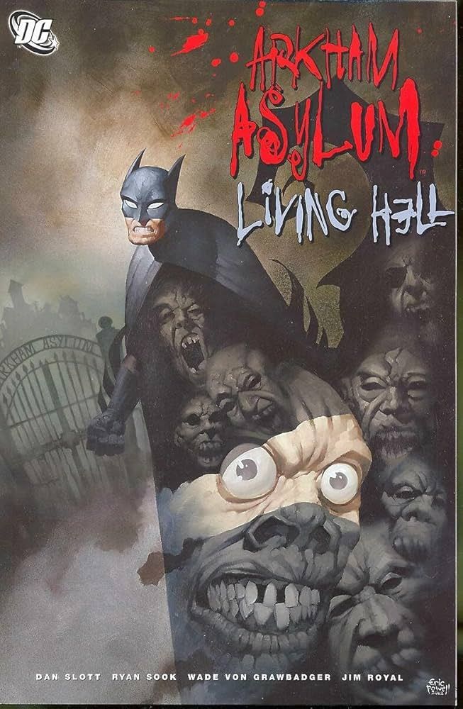 The cover for Arkham Asylum: Living Hell, featuring Batman stood before the gates of Arkham, his cloak slowly twisting into hundreds of screaming faces.