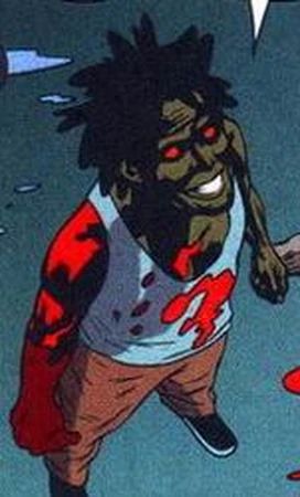 Doodlebug (dark features, black hair in short locks, with wide red eyes), his Arkham inmate uniform stained with blood as he smiles up to the sky. Art by Ryan Sook.