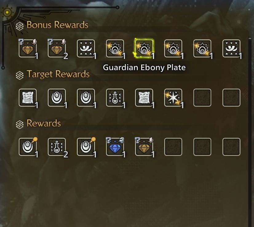 Man sieht die Bonus Belohnungen in Monster Hunter, davon vier Platten und einen Edelstein, beides sehr seltene Belohnungen. Und nur zwei Schuppen, sehr gewöhnliche Belohnungen, die ich aber tatsächlich brauche.