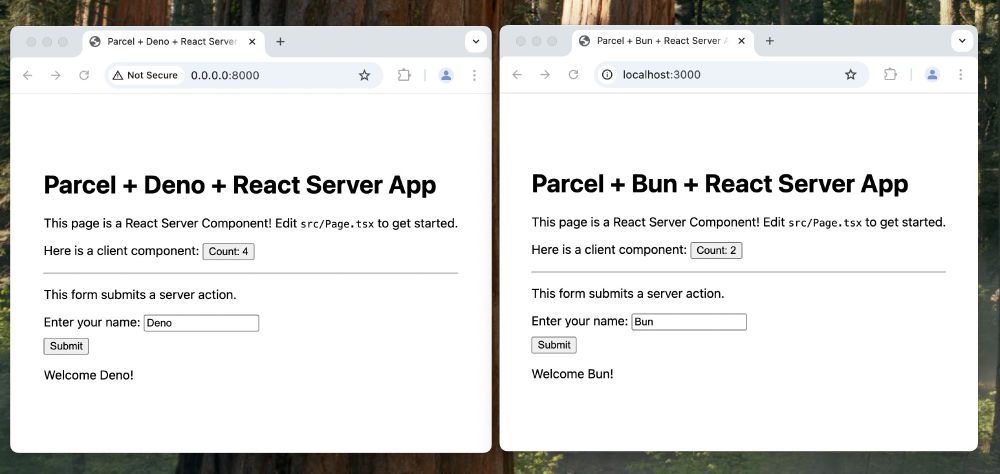 Screenshot of two chrome windows showing a Parcel + Deno + React Server App, and a Parcel + Bun + React Server App.