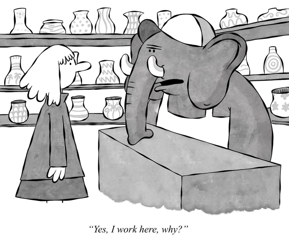 A woman and an elephant in a china shop. The elephant is at the counter and says: "Yes, I work here, why?"