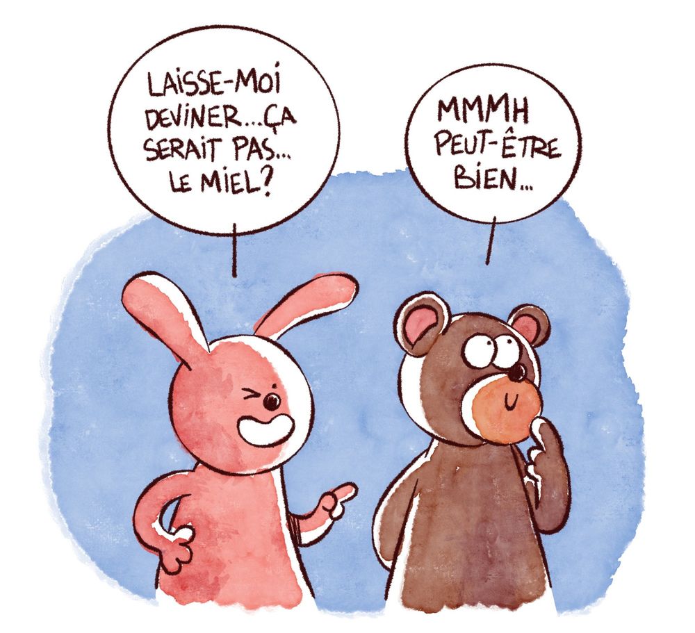 Patapon : "Laisse-moi deviner... Ça serait pas... Le miel ?" Doudou : "Mmmh peut-être bien..."