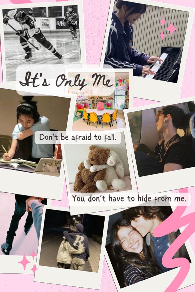 Nathan playing hockey. Maggie playing keyboard. Maggie studying. Preschool. Nathan listening to music with eyes closed. Nathan and Maggie skating. Nathan kissing Maggie’s hair. Bunny hugging teddy bear. Nathan and Maggie hugging.