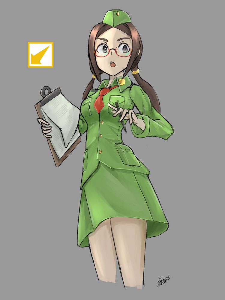 Sonja from Advance Wars. Despite the green uniform, she is part of the Golden Commet faction (the yellow ones).

Did you know: The western release of the games for the DS localized her by removing the glasses, which I think is an extreme disservice and the only actual warcrime in the game. Thankfully, the developers corrected this mistake in the newer releases.

4 hours on this without counting the 3 previous failed attempts. I tried a background but I didn't like it.

