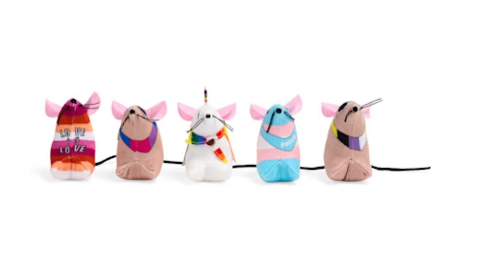 Five catnip-filled toy mice, each dressed in a different Pride flag.