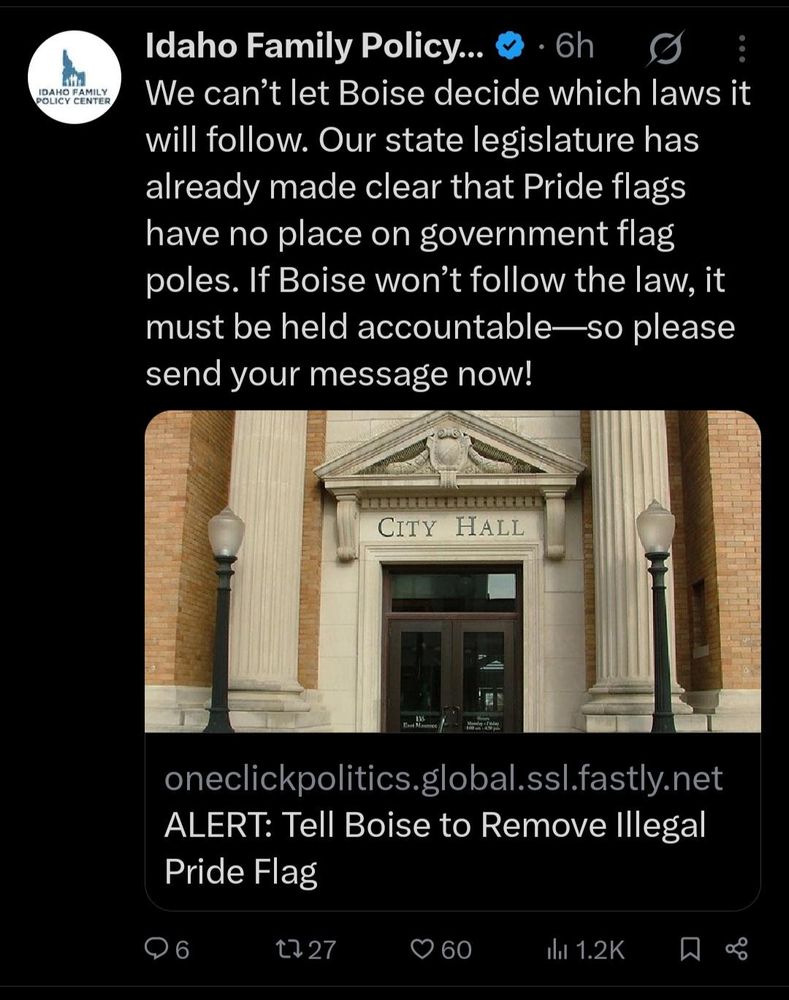 Twitter post from Idaho white nationalists calling for people to demand the City of Boise remove a pride flag from in front of City Hall in the wake of Idaho HB96 which attempts to limit the types of flags government entities may fly in Idaho. Dark mode screengrab of X post with image of a random City Hall lol and link to petition site. 