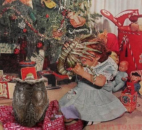 Vintage image of a girl with presents under a Christmas tree, but being attacked by an Alien face hugger.