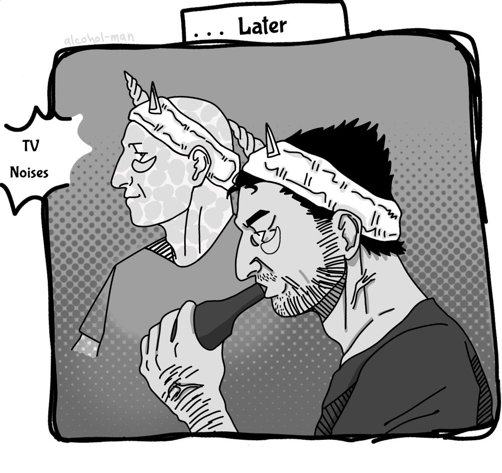 Logan conceded and is now drinking a beer watching the TV with wade with little moisturizer patches beneath his eyes and a unicorn hair band 