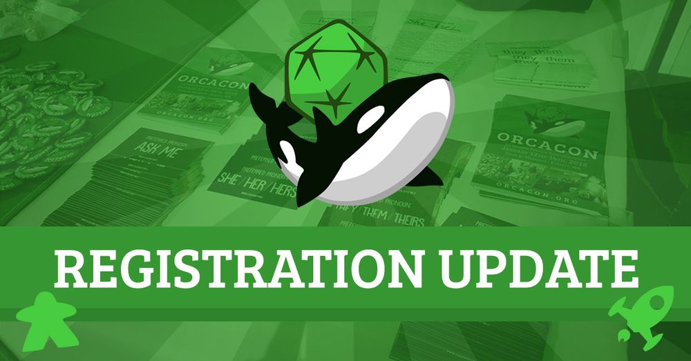 Image with green background, the orcacon logo, and the text Registration update.