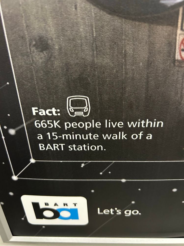 BART poster that says Fact: 665k people live within a 15 minute walk of a BART station