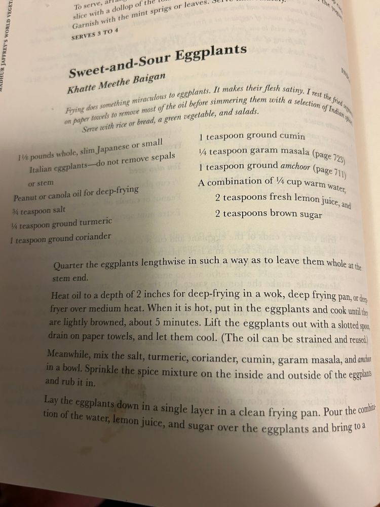 recipe for sweet-and-sour eggplant from Madur Jaffrey’s World Vegetarian