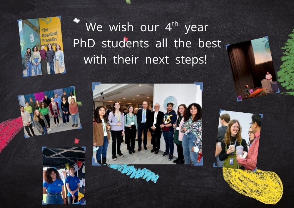 A collage of photos of the Franklin PhD students with the text "We  wish  our  4th  year  PhD  students  all  the  best  with  their  next  steps!"