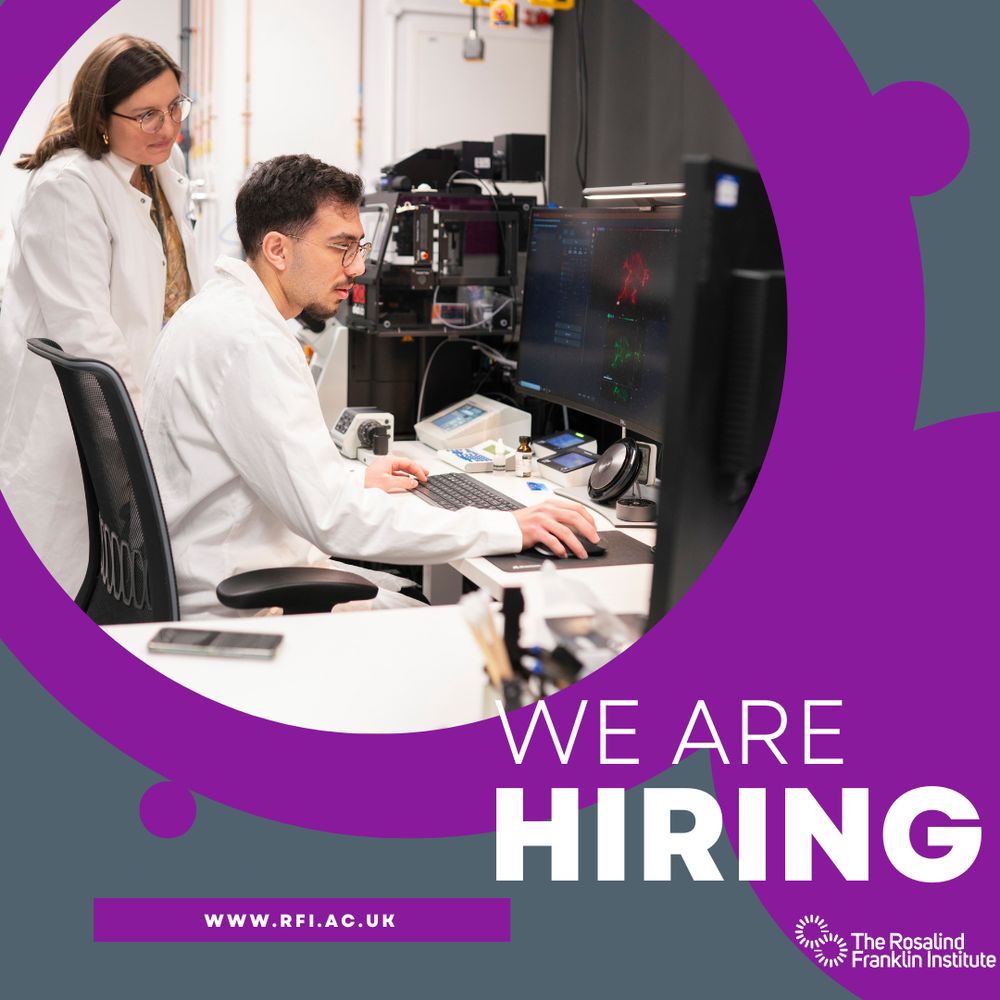 A circular image of scientists operating a piece of equipment set against grey and purple background. With a note: "We are hiring"