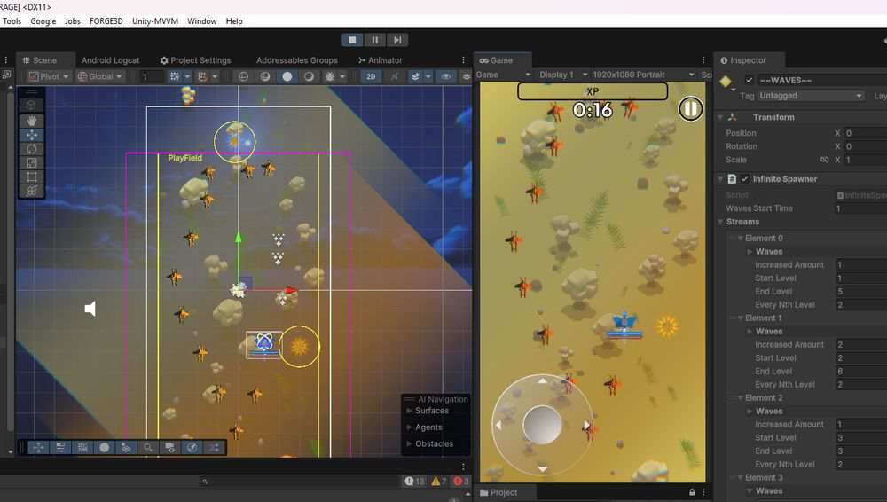 it would appear to be a partial screenshot of the crashy Unity 6 program. On the left side is a level editor with many orange spaceships on it, with a blue gunship in the center. On the right, is that stage in play mode. This is Sunsear: Avian Combat 1.0 in development